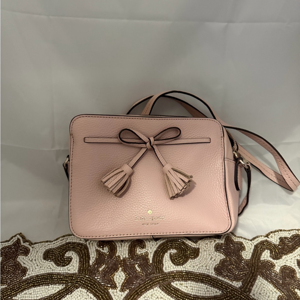 Kate Spade Blush Pink Leather Crossbody Bag with Bow and Tassels